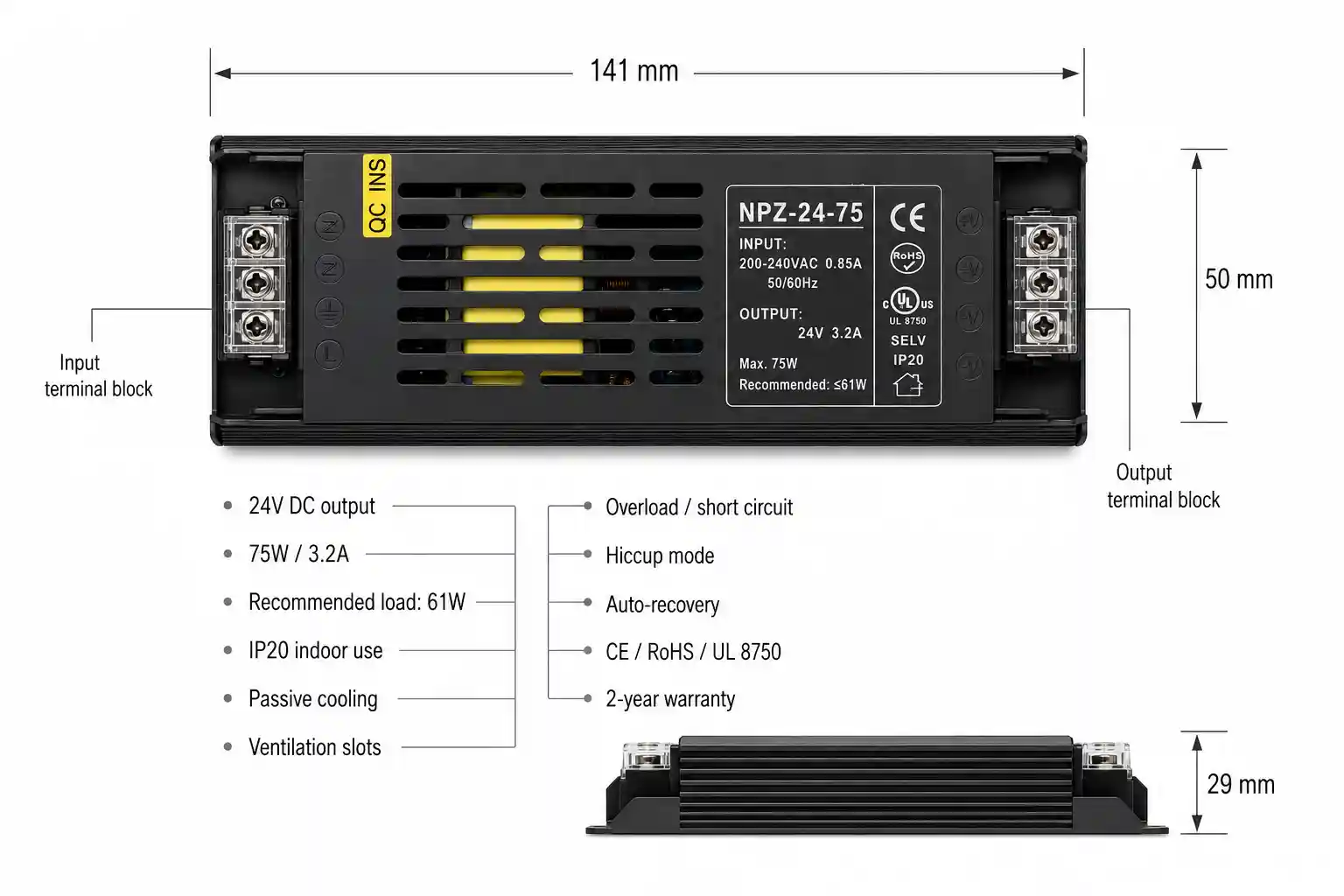 Rozměry a certifikace LED napájecího zdroje 24V 75W 141x50x29mm CE RoHS UL 8750 záruka 2 roky
